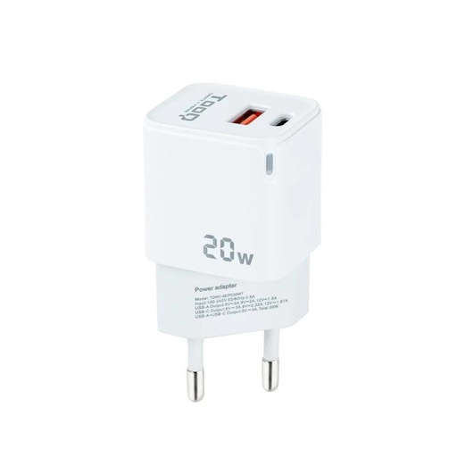 [TQWC-QCPD20WT] Tooq Cargador pared USB-C/PD+USB-A/QC 20W